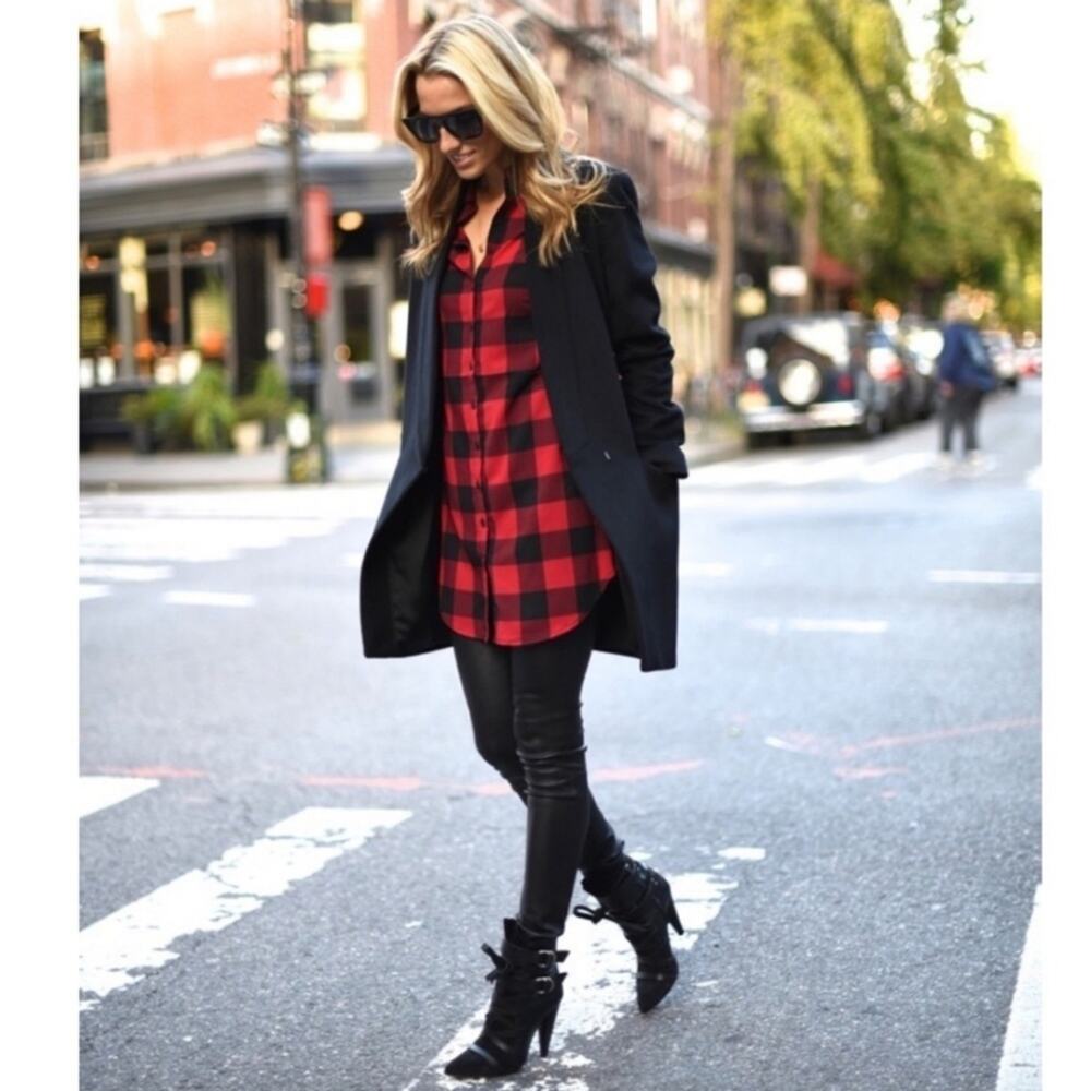 BB Dakota Buffalo Plaid Button Down Tunic Shirt Red Black XS Preppy - Picture 12 of 13
